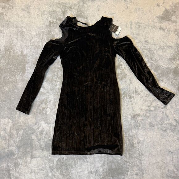 NWT Topshop Cold Shoulder Velvet Metallic Romantic Black Mini Dress Size 6 - Picture 4 of 9